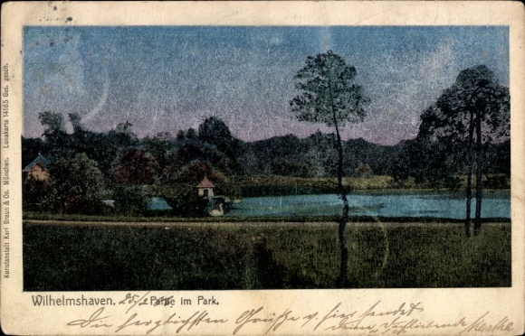 Postcard Wilhelmshaven on the North Sea, park view, water, trees,