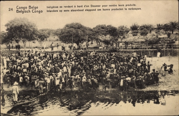 KP Congo Belge DR Congo Zair, Indigènes se rendant à bord d'un Steamer pour vendre leurs produits