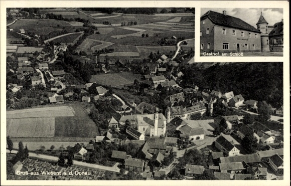 Ak Wiesent in der Oberpfalz, Luftaufnahme von Wiesent, Kirche, Gasthof am Schloss, ländliche Umge