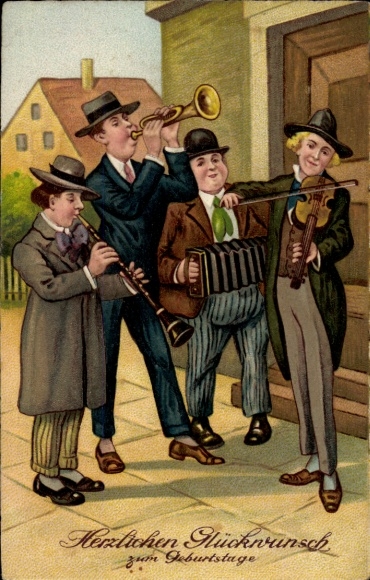 Postcard Birthday congratulations, musical gentlemen