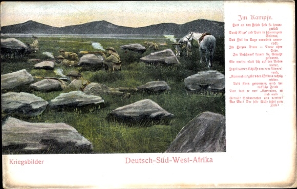 Postcard German Southwest Africa, Namibia, war pictures colonial protection force, poem in battle