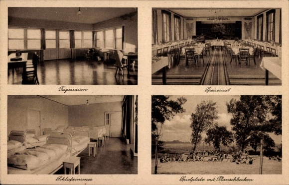 Postcard Bad Sassendorf in Westphalia, children's health resort, day room, dining room, bedroom, playground