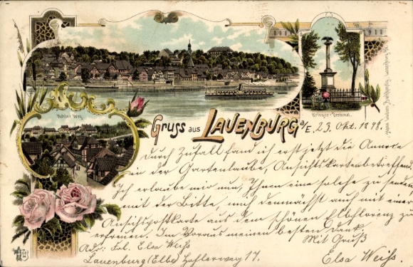 Chromo-Litho Lauenburg on the Elbe, war memorial, view of the town, roses