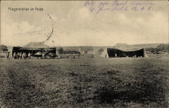 Postcard German air station in the field, tent hangars, WWI
