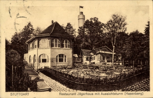 Postcard Hasenberg Stuttgart in Württemberg, Restaurant Jägerhaus, observation tower