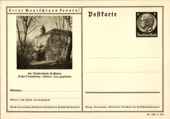 Ganzsachen Ak Roßleben an der Unstrut Kyffhäuserkreis, Evangelische Kolsterschule, Bahn Naumburg