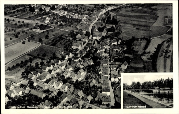 Postcard Traisa Mühltal in the Odenwald Hesse, aerial photograph of Traisa, swimming pool, 1950