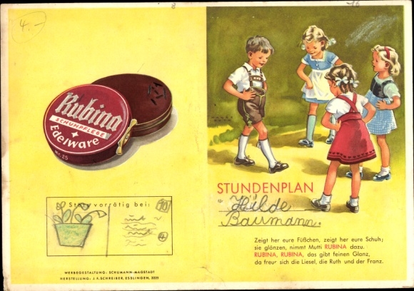 Timetable RUBINA shoe care, children in traditional costumes, children cleaning shoes around 1930