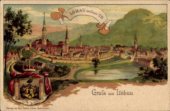 Wappen Ak Löbau in Sachsen, Stadtansicht anno 1710