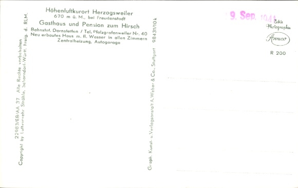 Postcard Herzogenweiler Villingen Schwenningen in the Black Forest, aerial photograph, Gasthaus zum Hirsch