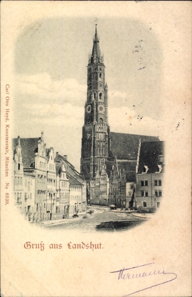 Postcard Landshut in Lower Bavaria, tower, old town, greeting from view