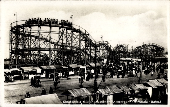 Postcard Munich, Oktoberfest, giant roller coaster, Himalayan Railway