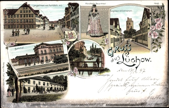 Chromo-Litho Lüchow in Wendland, Wendish peasant bride, train station, Schützenhaus, castle