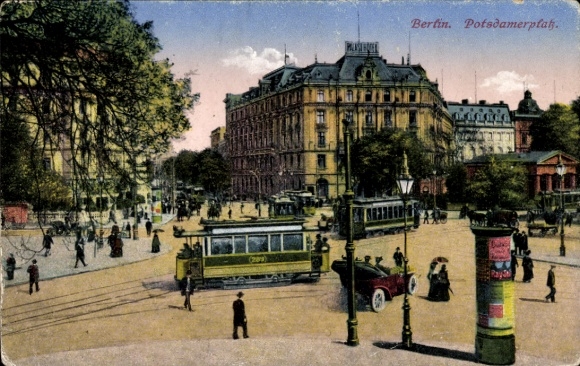 Postcard Berlin Tiergarten, Potsdamer Platz, trams