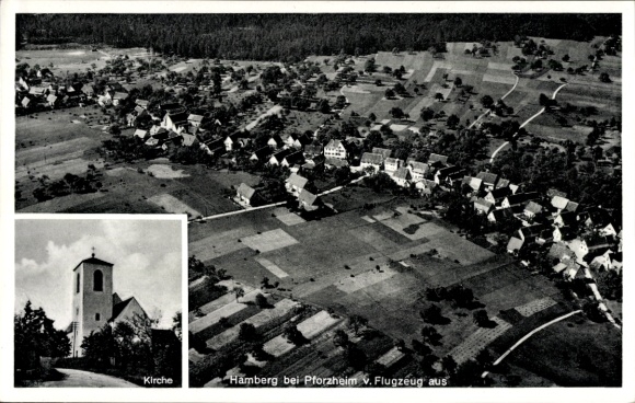 Ak Hamberg Neuhausen im Enzkreis Baden Württemberg, Luftaufnahme von Hamberg, Kirche, ländliche U