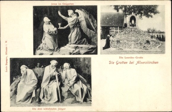 Postcard Alverskirchen Everswinkel in Westphalia, grottos, Jesus, Lourdes grotto, three sleeping disciples