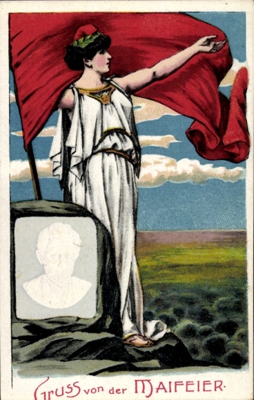 Embossed Chromo-Litho Greetings from the May Day Celebration, August Bebel, founder of the SDAP, workers' movement