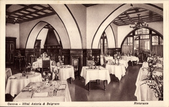 Ak Genova Genua Liguria, Restaurant im Hotel Astoria & Belgrano, Tische gedeckt, elegantes Ambien