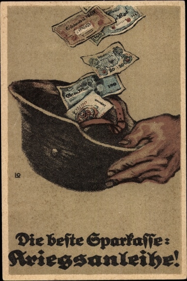 KP artystyczna Najlepsza kasa oszczędnościowa, obligacja wojenna, hełm stalowy, banknoty