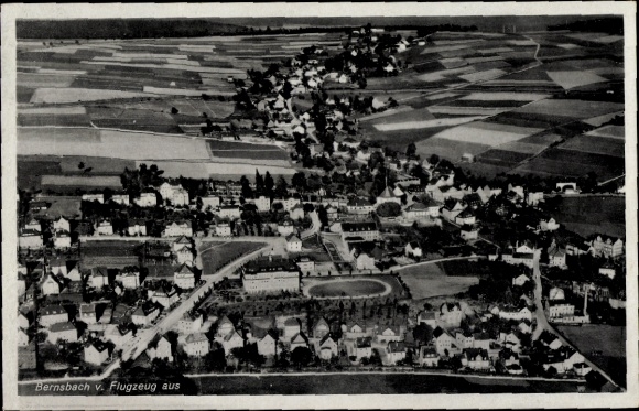 Postcard Bernsbach Lauter-Bernsbach in the Ore Mountains of Saxony, aerial view of fields in the background, white H