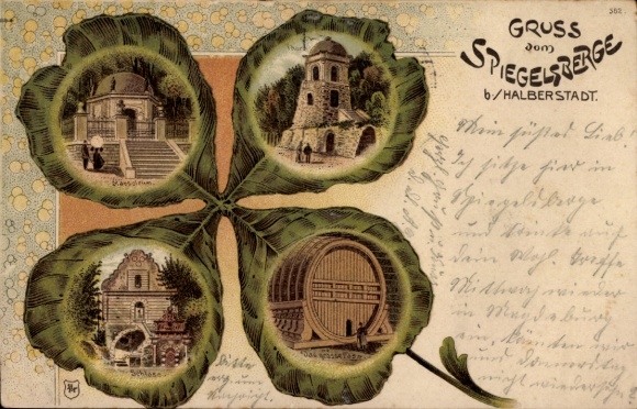 Cloverleaf Chromo-Litho Halberstadt am Harz, Spiegelsberge, hunting lodge, tower, barrel, mausoleum