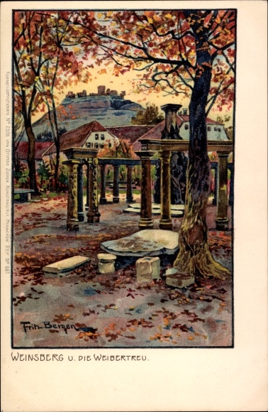 Kunstenaar litho Bergen, Fritz, Weinsberg in de wijk Heilbronn, kasteel Weibertreu