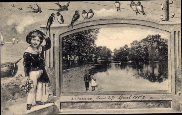 Passepartout PC Hamburg Wandsbek Rahlstedt Altrahlstedt, mill pond, boy, swallows