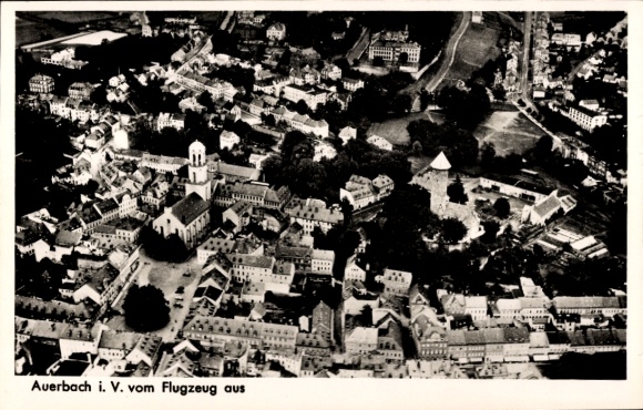 Postcard Auerbach im Vogtland, aerial photograph