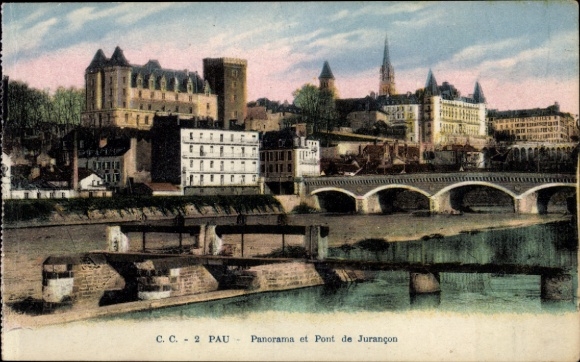 Ansichtkaart Pau Pyrénées-Atlantiques, panorama van Pont de Jurançon, gekleurd