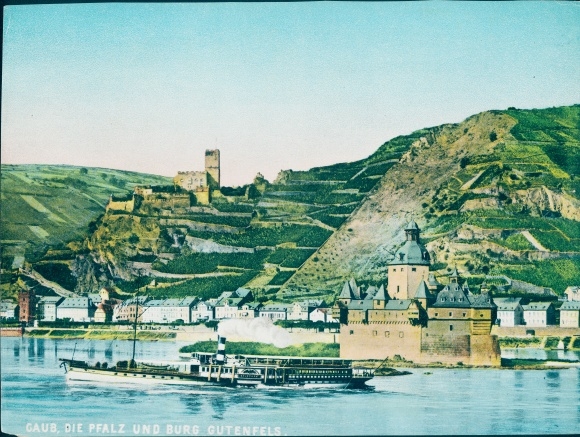 Chromo Photo Caub Kaub am Rhein, Pfalzgrafenstein Castle, Palatinate, Gutenfels Castle, steamer