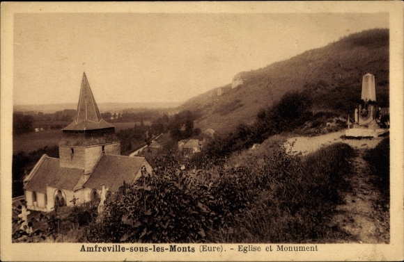Postcard Amfreville sous les Monts Eure, church and monument