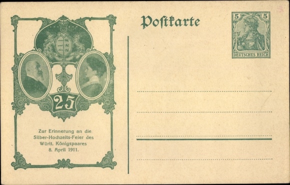 Postal stationery PC King Wilhelm II of Württemberg, Queen Charlotte, silver wedding 1911
