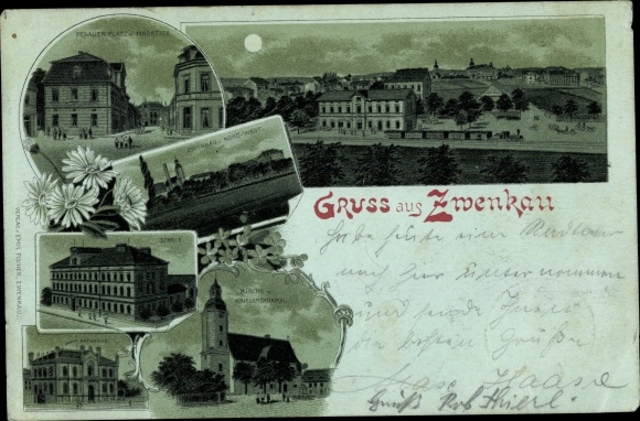 Moonlight Chromo-Litho Zwenkau in Saxony, Pegauer Platz, church, school, general view