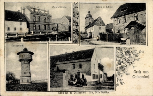 Ak Calzendorf Kalzendorf Steigra Saalekreis, watertoren, gerechtsgebouw, kerk, school, herberg