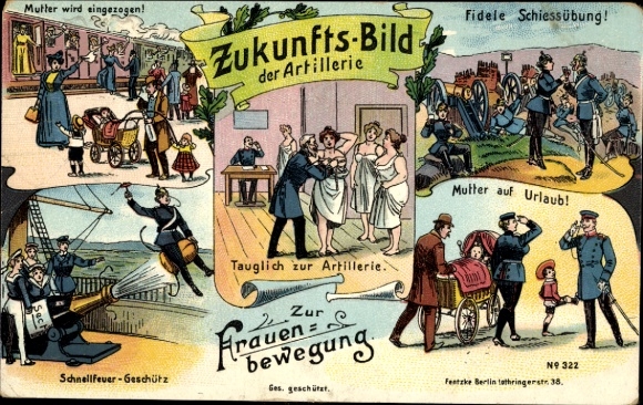 Chromo-Litho image of the future from the army, women as soldiers, emancipation, pattern