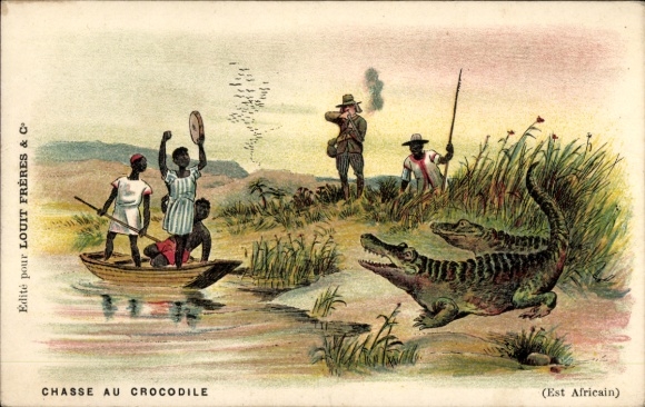 Africa, hunting, hunting scene, hunter shoots crocodile, advertising, Chocolat Louit