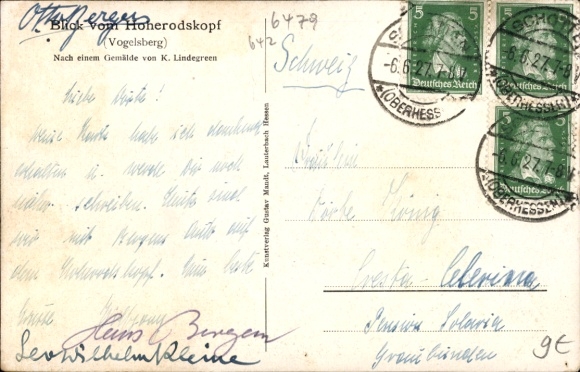 Artist Postcard Lindegreen, K., Schotten Vogelsbergkreis, view from Hoherodskopf