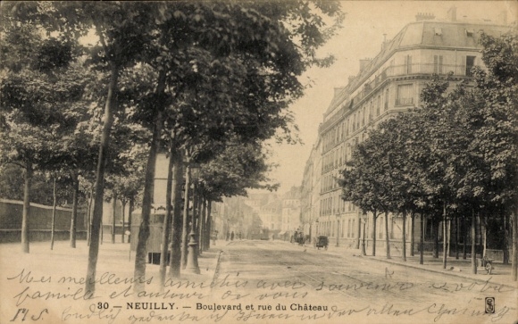 Ak Neuilly sur Seine, Saint James, Boulevard und Rue du Château, Stadtansicht, Bäume, alte Archit