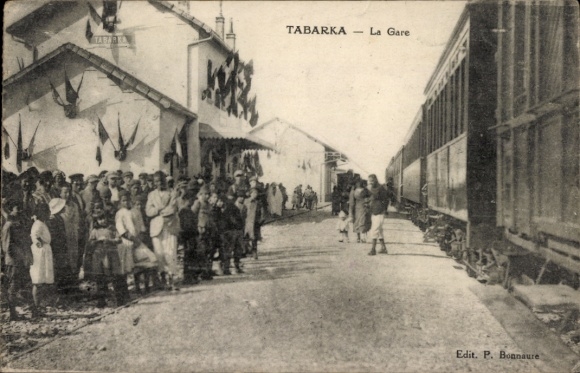 Postcard Tabarca Tunisia, La Gare, platform, residents