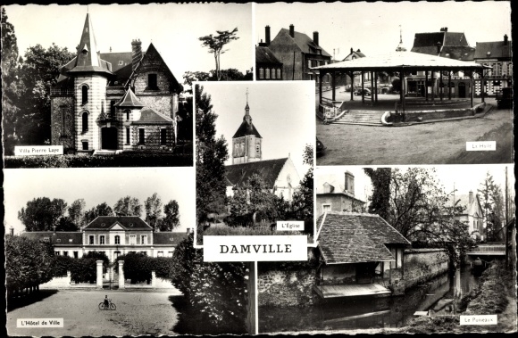 Postcard Damville Eure, The Church, La Halle, Le Puiseaux, The Town Hall