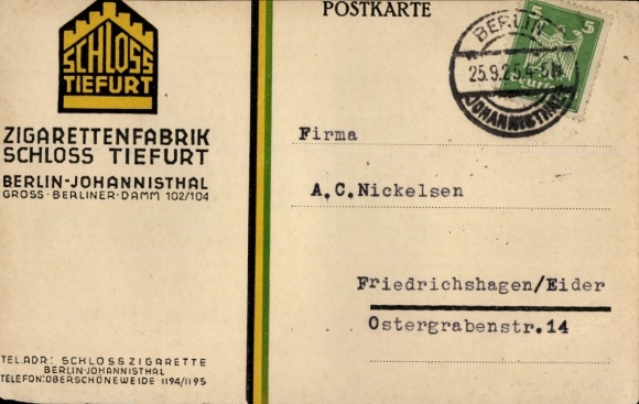 Postcard Berlin Treptow Johannisthal, Cigarette Factory Schloss Tiefurt, Advertising