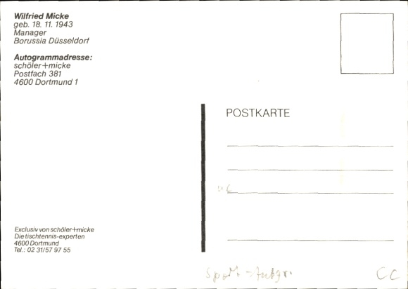 Postcard table tennis, Wilfried Micke, Borussia Düsseldorf, autograph