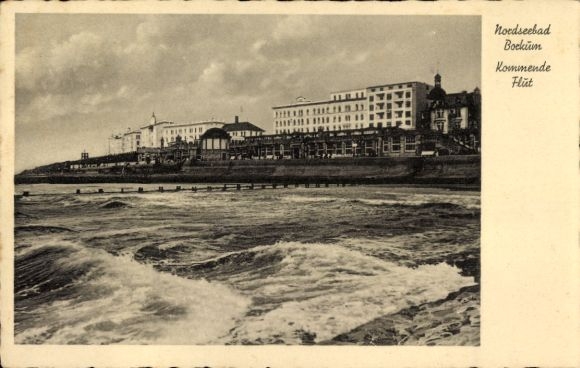 Postcard North Sea resort Borkum in East Frisia, Coming Flood, Hotels
