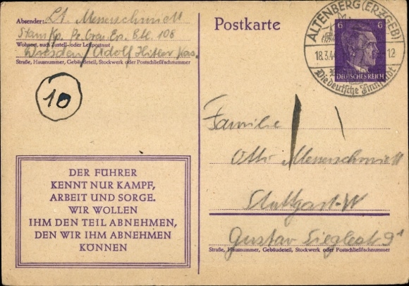 Postal stationery Postcard The Führer knows only struggle, work and worry, Hitler stamp, 6 Reichspfennig
