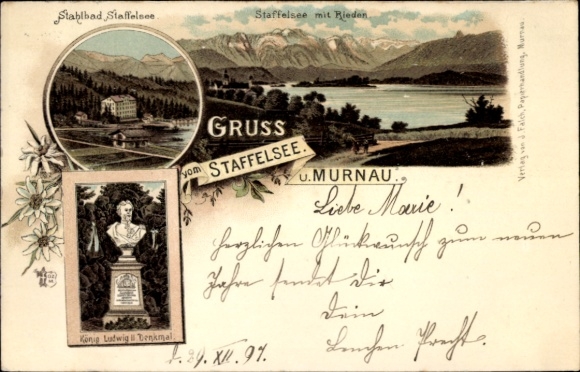 Postcard Murnau am Staffelsee, Stahlbad Greetings from the King Ludwig Monument, beautiful landscape