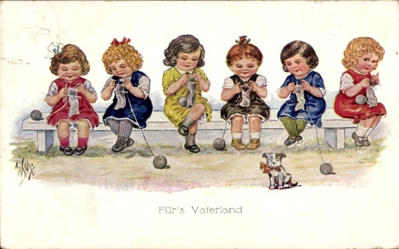 Artist Postcard Wills, J., For the Fatherland, Girl Knitting, Dog