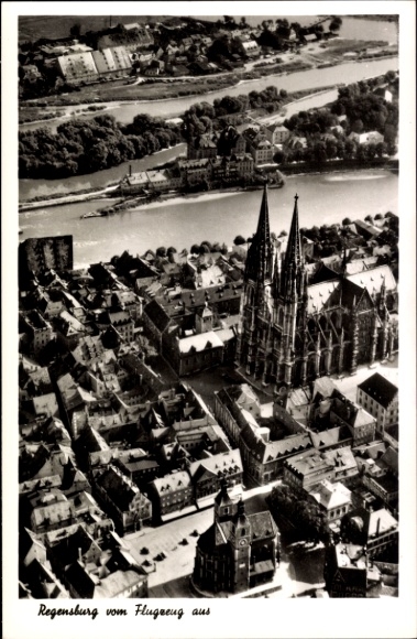 Regensburg aan de Donau, Boven-Palts, luchtfoto, kathedraal, stadsgezicht, zwart-wit