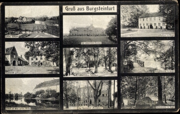 Ak Burgsteinfurt Steinfurt im Münsterland, Kaffeehaus, Krüppebrücke, Schloss, königliches Gymnasium
