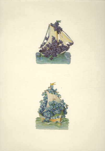 2 wafer sailing boats decorated with violets and forget-me-nots, size approx. 9 x 6.5 cm each