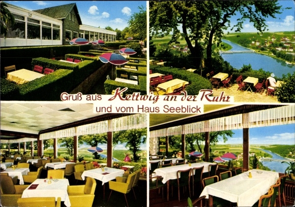 Postcard Kettwig Essen in the Ruhr area, Haus Seeblick, terrace, view of the Ruhr, interior view